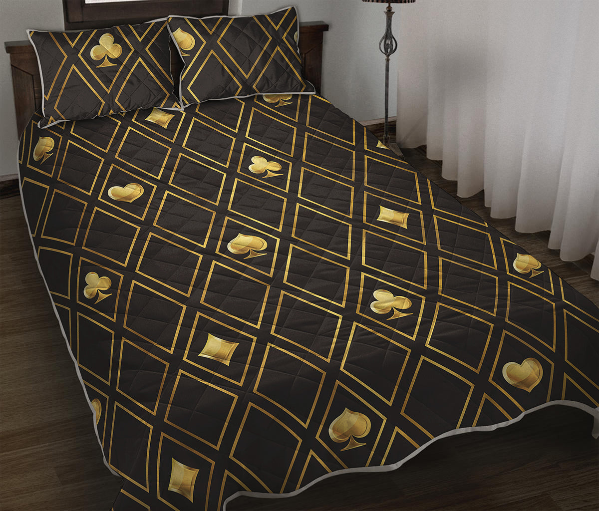 Gold Playing Card Suits Pattern Print Quilt Bed Set