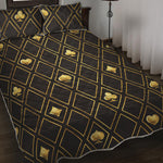 Gold Playing Card Suits Pattern Print Quilt Bed Set