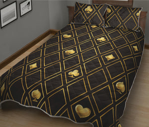 Gold Playing Card Suits Pattern Print Quilt Bed Set