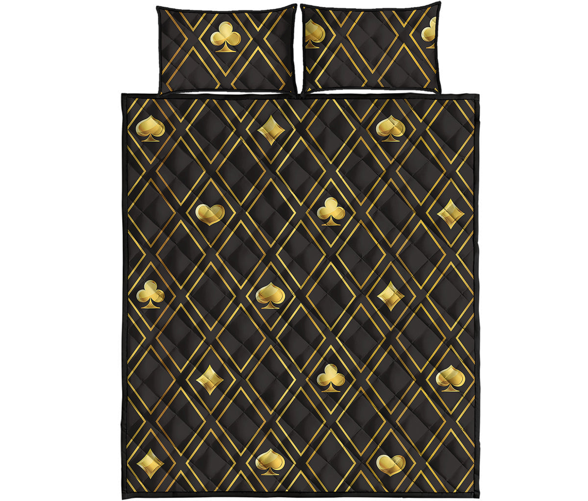 Gold Playing Card Suits Pattern Print Quilt Bed Set