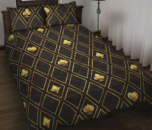 Gold Playing Card Suits Pattern Print Quilt Bed Set