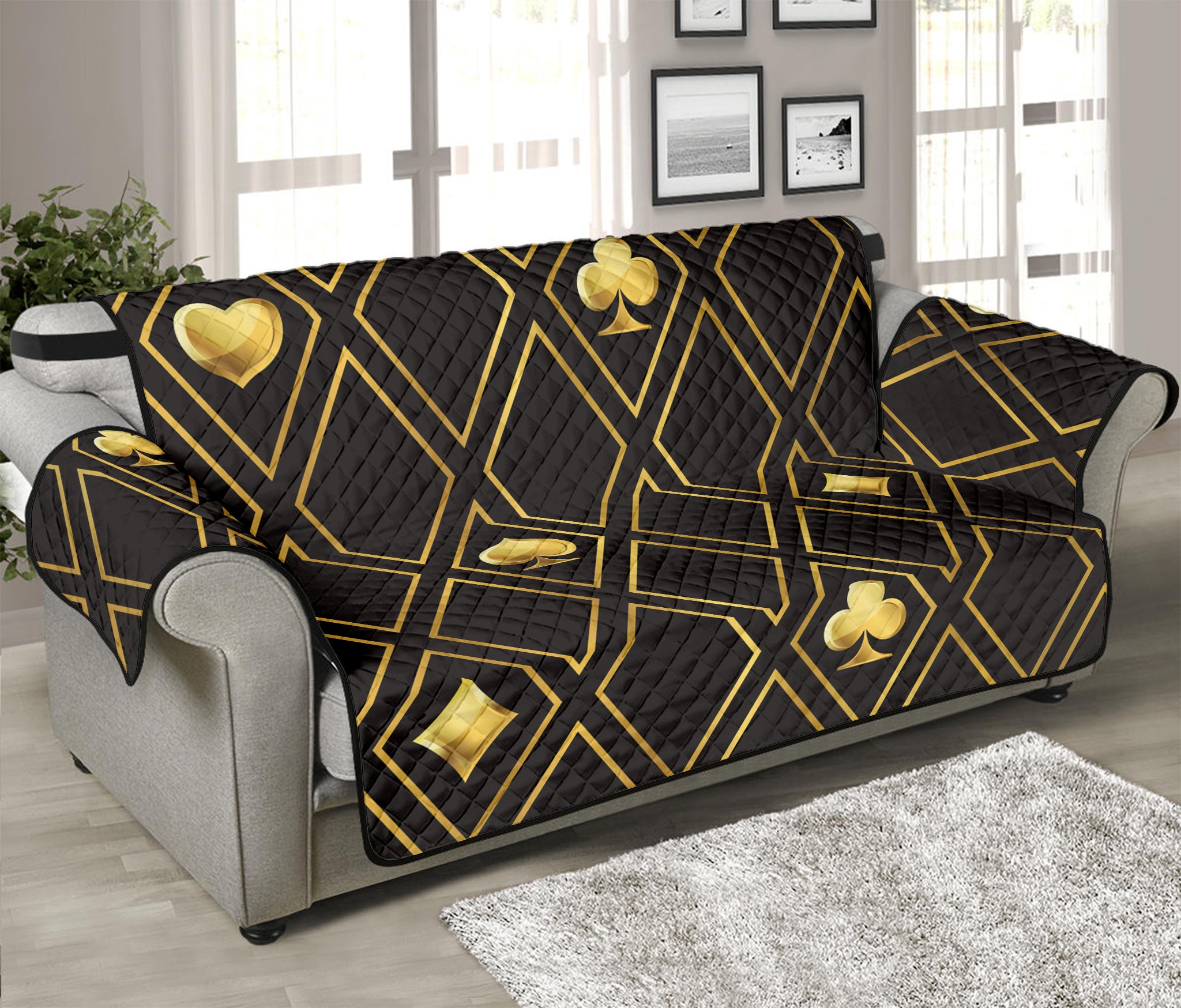 Gold Playing Card Suits Pattern Print Sofa Protector