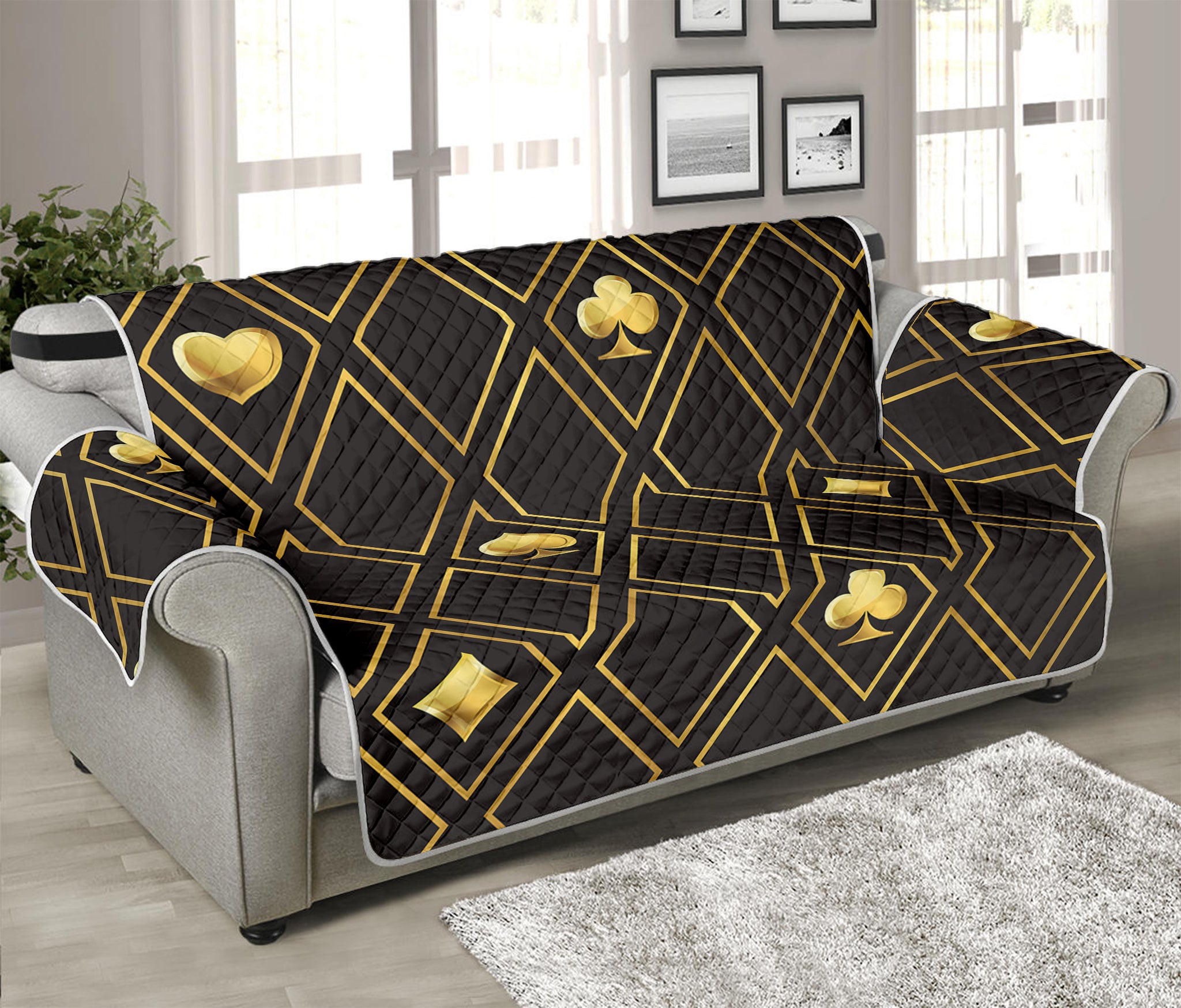 Gold Playing Card Suits Pattern Print Sofa Protector