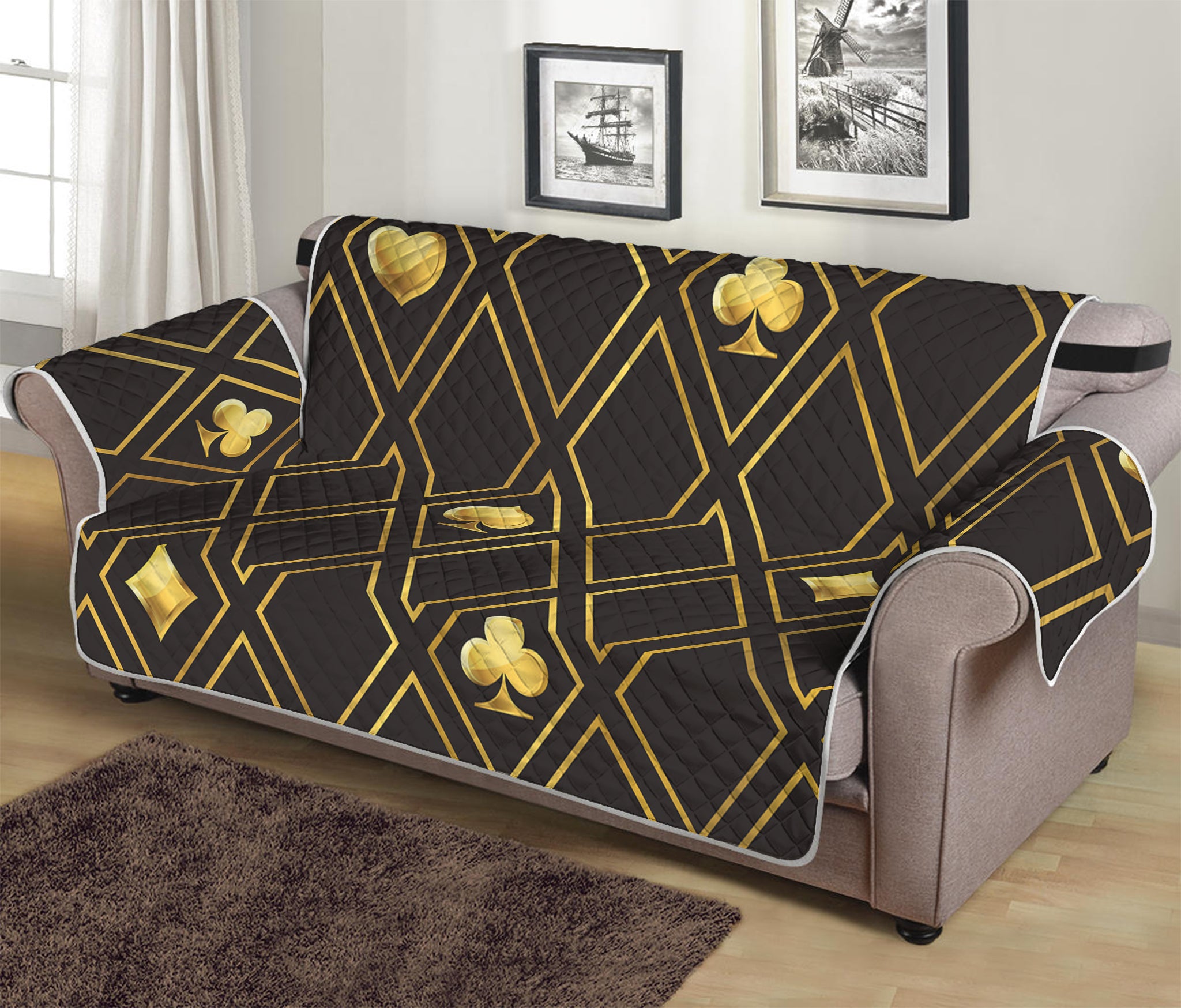 Gold Playing Card Suits Pattern Print Sofa Protector