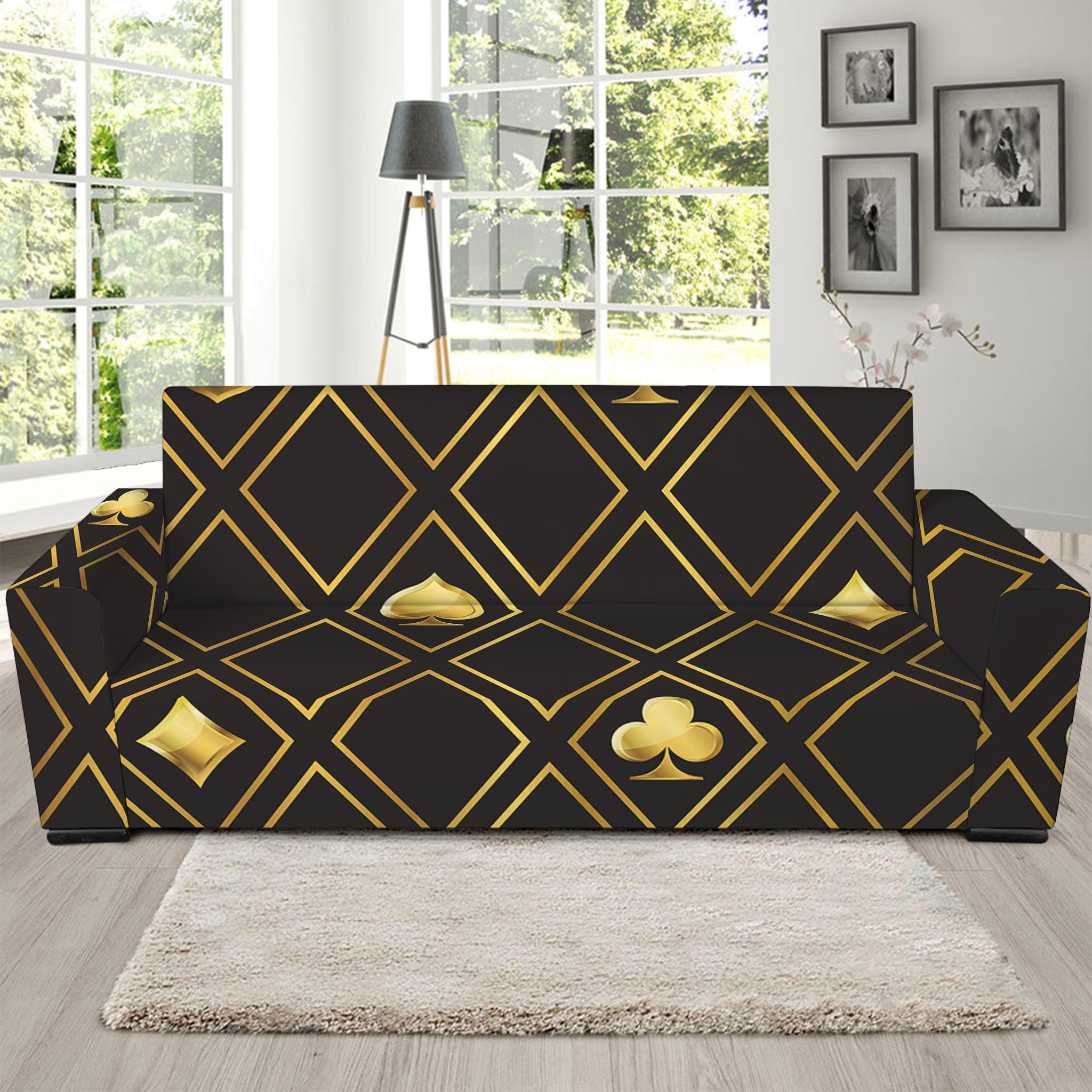 Gold Playing Card Suits Pattern Print Sofa Slipcover