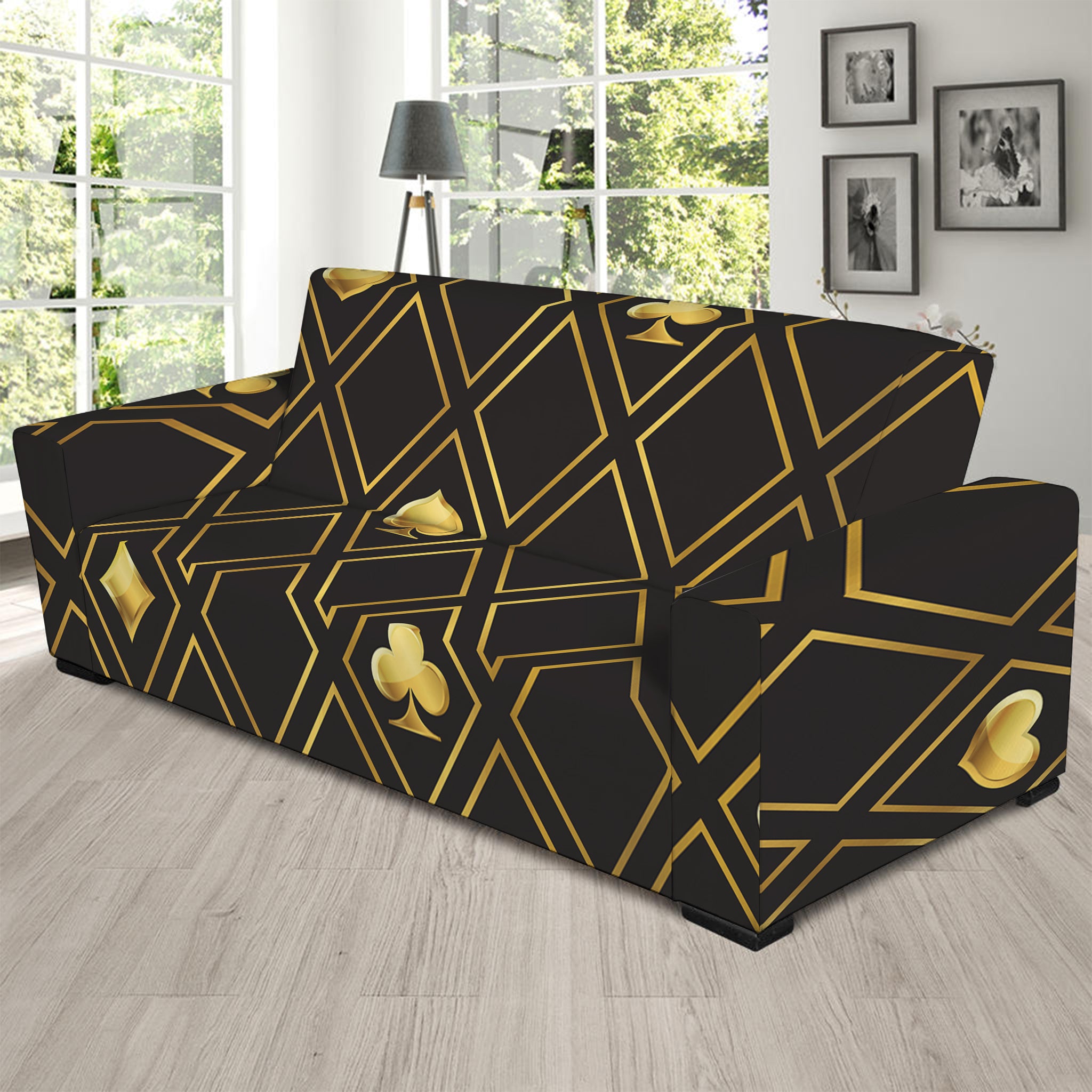 Gold Playing Card Suits Pattern Print Sofa Slipcover