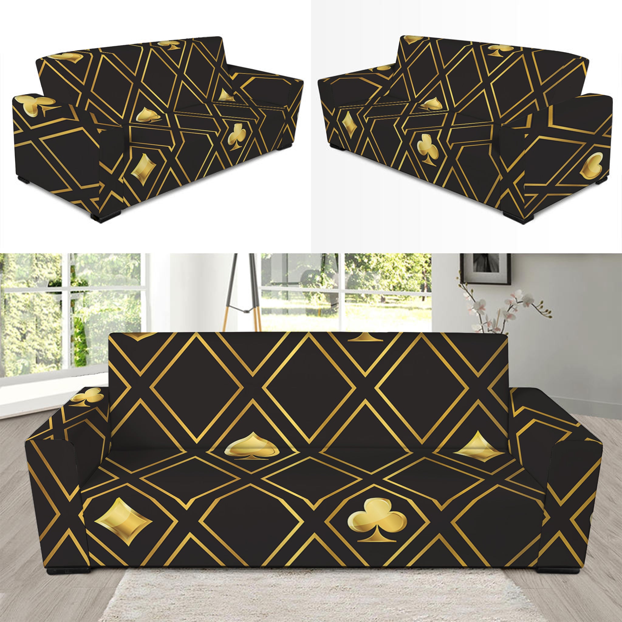 Gold Playing Card Suits Pattern Print Sofa Slipcover