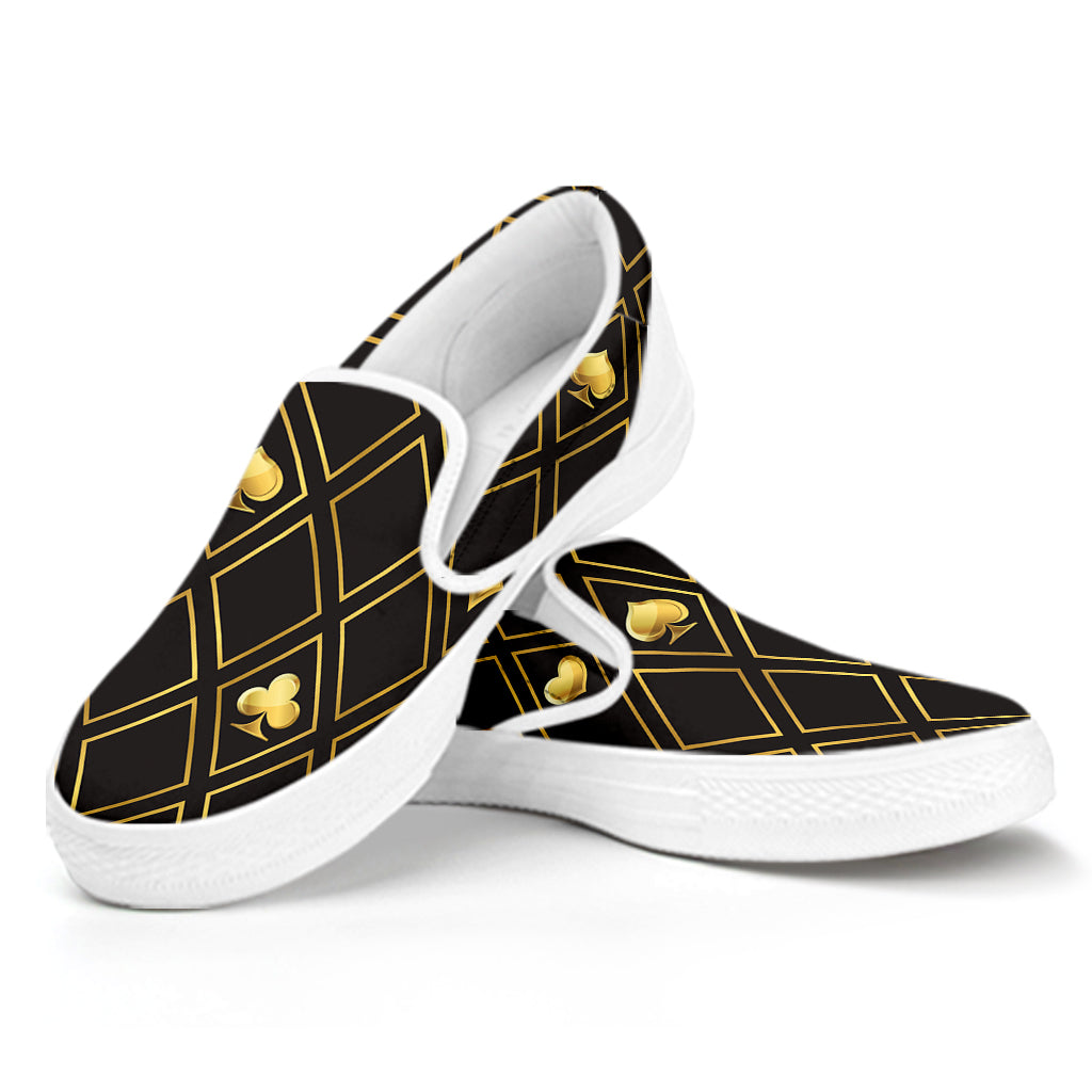 Gold Playing Card Suits Pattern Print White Slip On Shoes