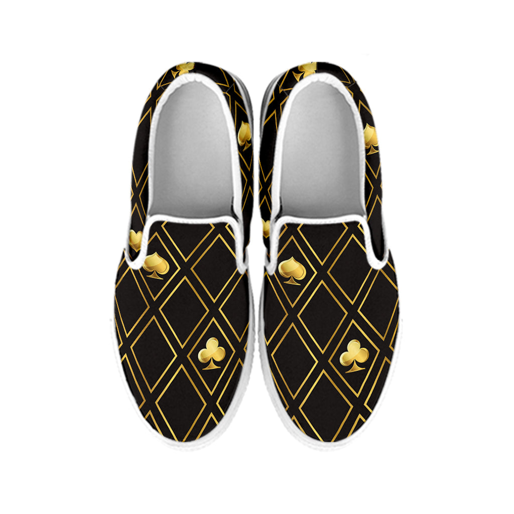 Gold Playing Card Suits Pattern Print White Slip On Shoes