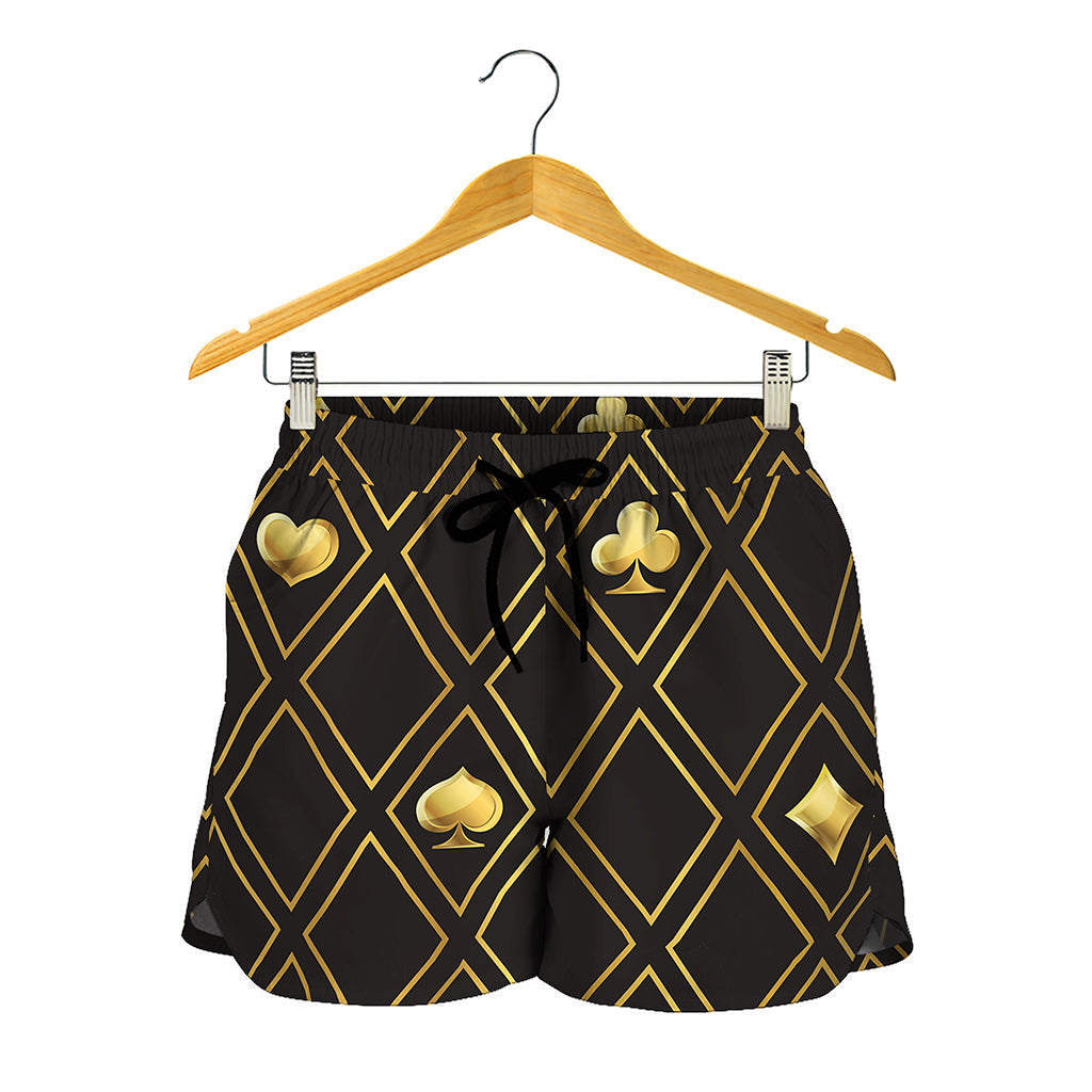 Gold Playing Card Suits Pattern Print Women's Shorts