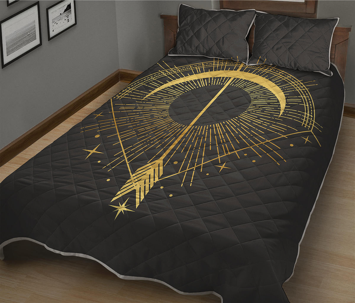 Gold Sagittarius Sign Print Quilt Bed Set