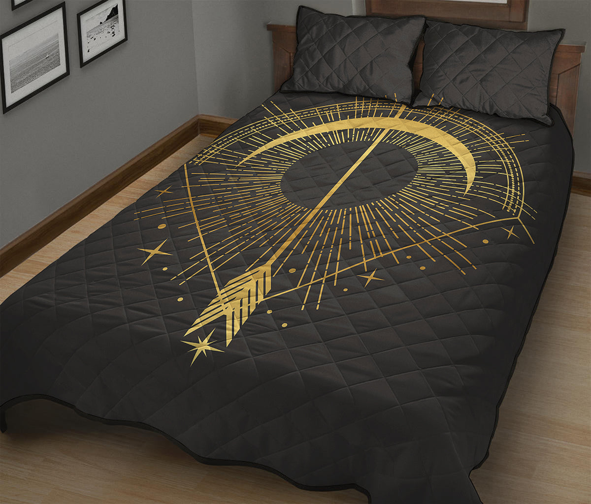 Gold Sagittarius Sign Print Quilt Bed Set