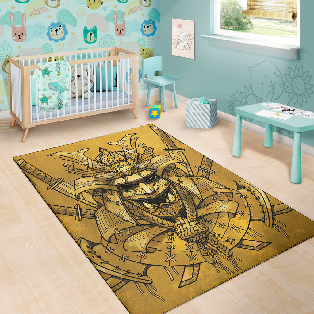 Gold Samurai Mask Print Area Rug