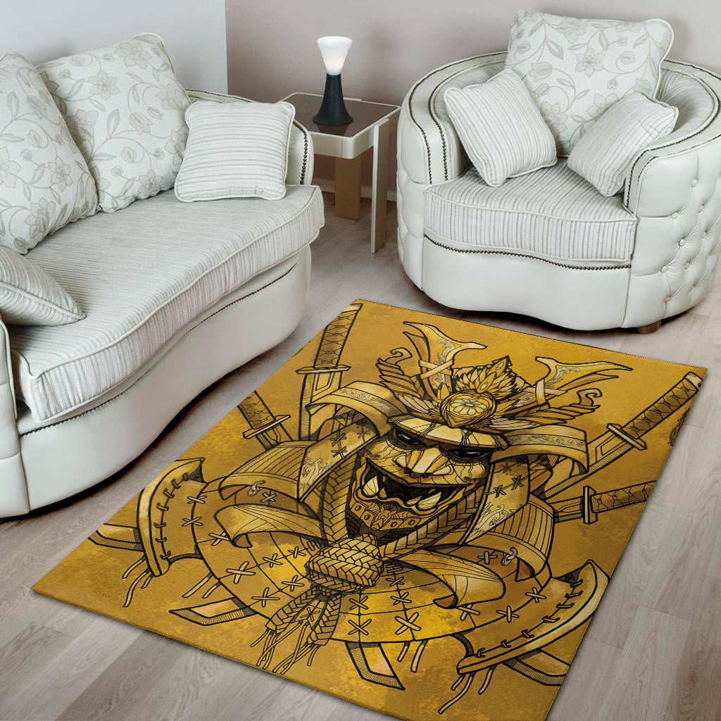 Gold Samurai Mask Print Area Rug