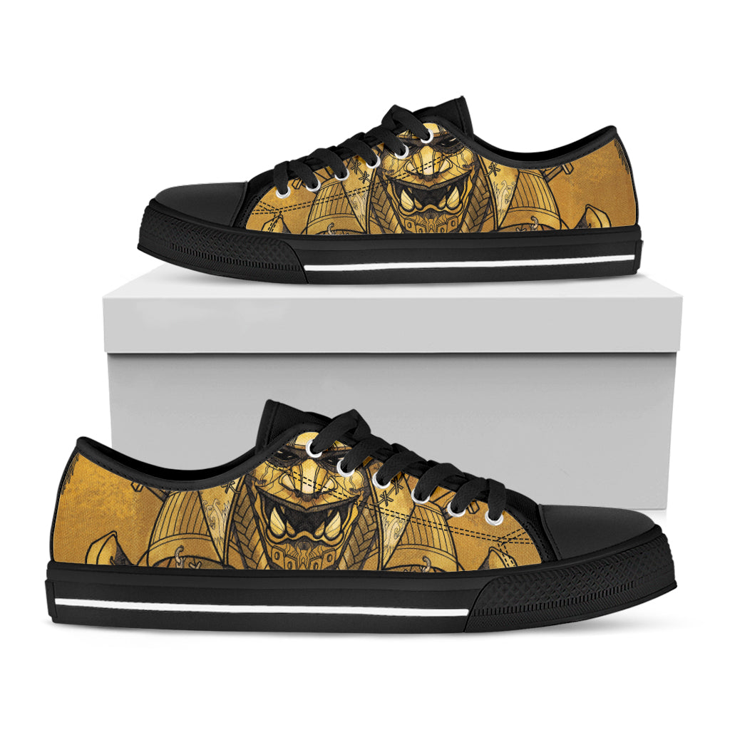Gold Samurai Mask Print Black Low Top Shoes 