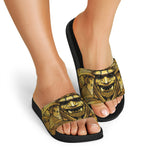 Gold Samurai Mask Print Black Slide Sandals