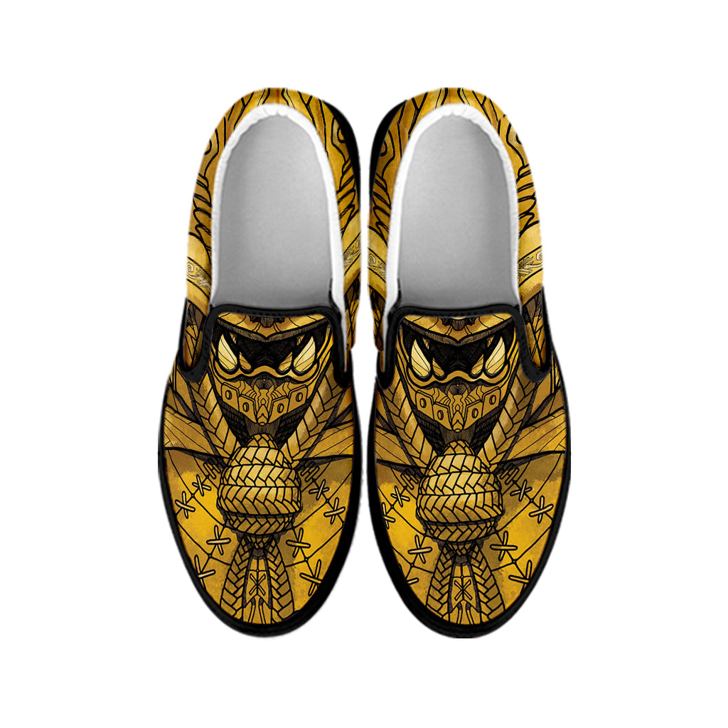 Gold Samurai Mask Print Black Slip On Shoes