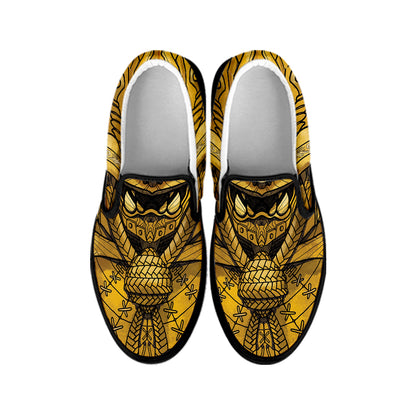 Gold Samurai Mask Print Black Slip On Shoes