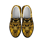 Gold Samurai Mask Print Black Slip On Shoes