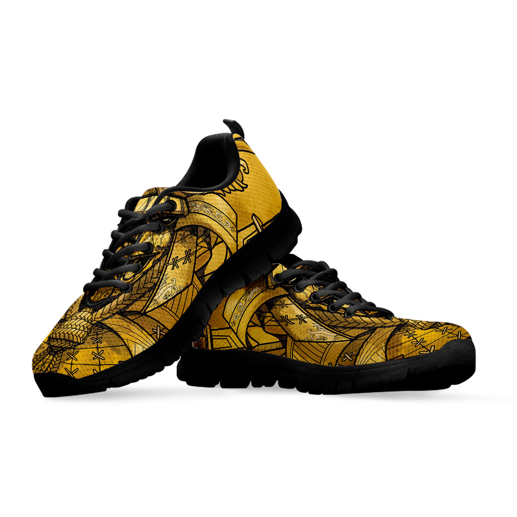 Gold Samurai Mask Print Black Sneakers