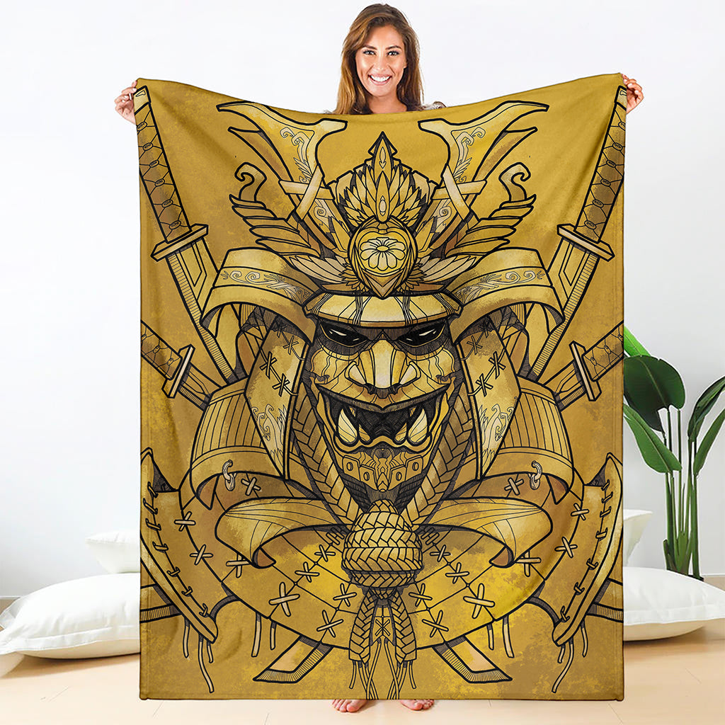 Gold Samurai Mask Print Blanket