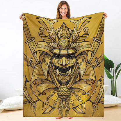 Gold Samurai Mask Print Blanket