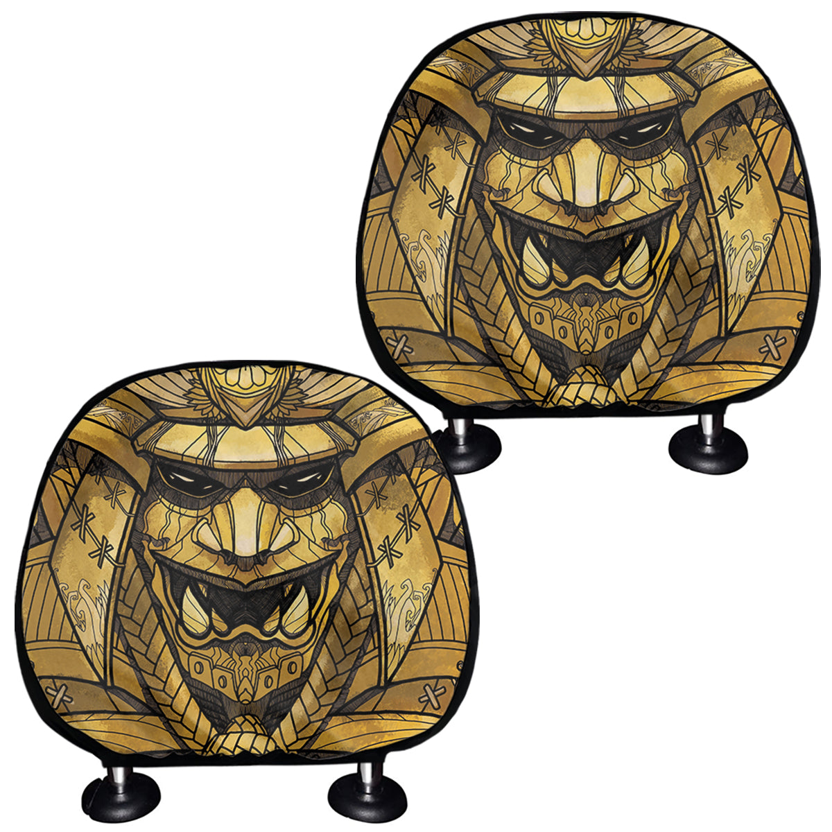Gold Samurai Mask Print Car Headrest Covers