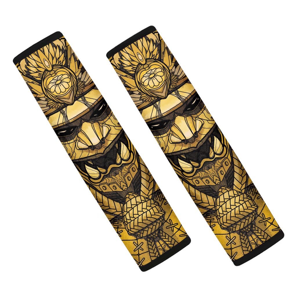 Gold Samurai Mask Print Car Seat Belt Covers