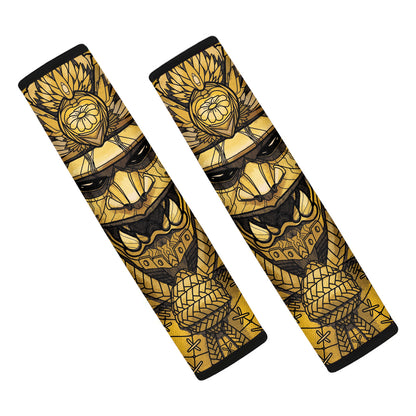 Gold Samurai Mask Print Car Seat Belt Covers