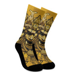 Gold Samurai Mask Print Crew Socks