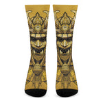 Gold Samurai Mask Print Crew Socks