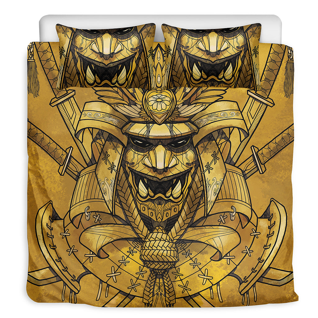 Gold Samurai Mask Print Duvet Cover Bedding Set