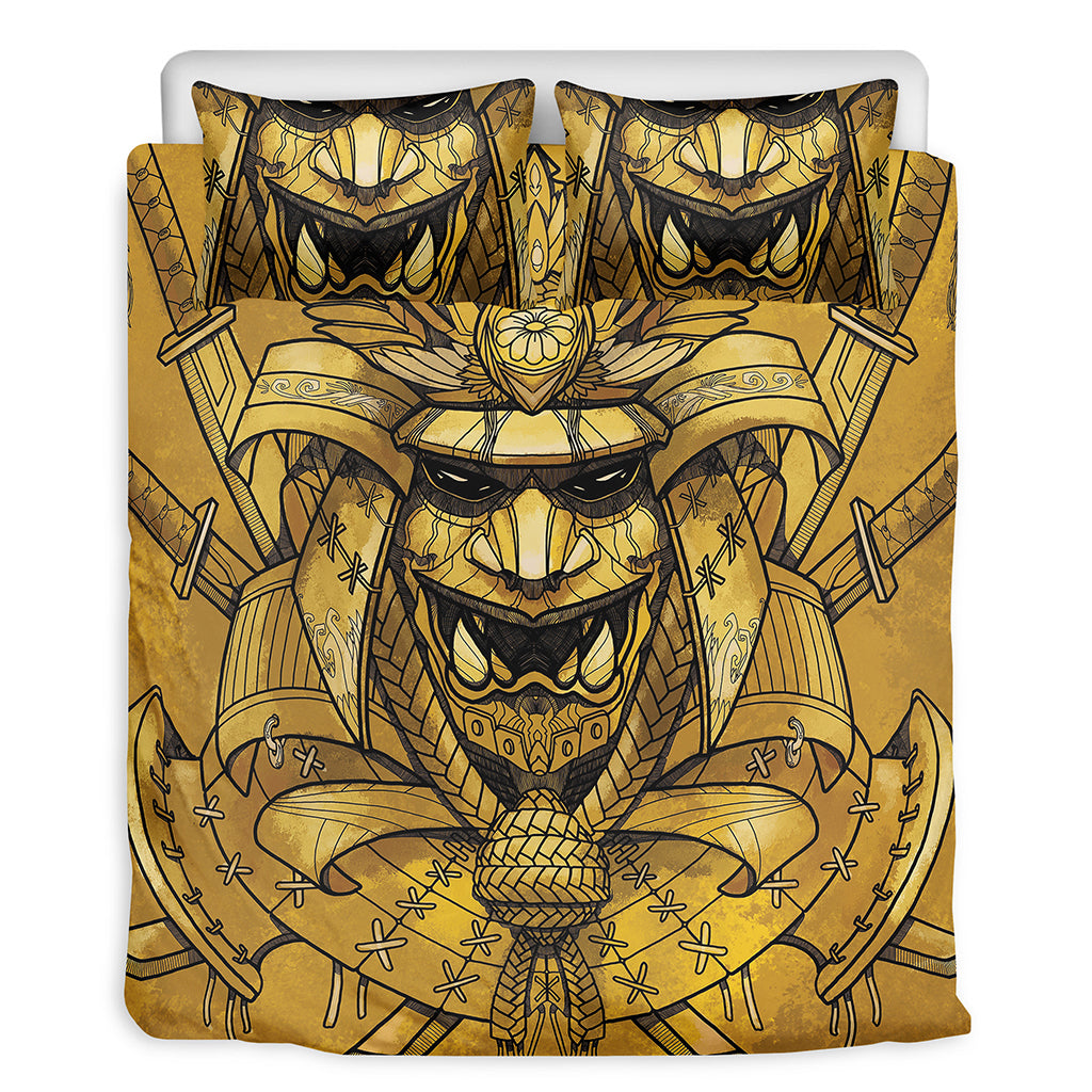 Gold Samurai Mask Print Duvet Cover Bedding Set