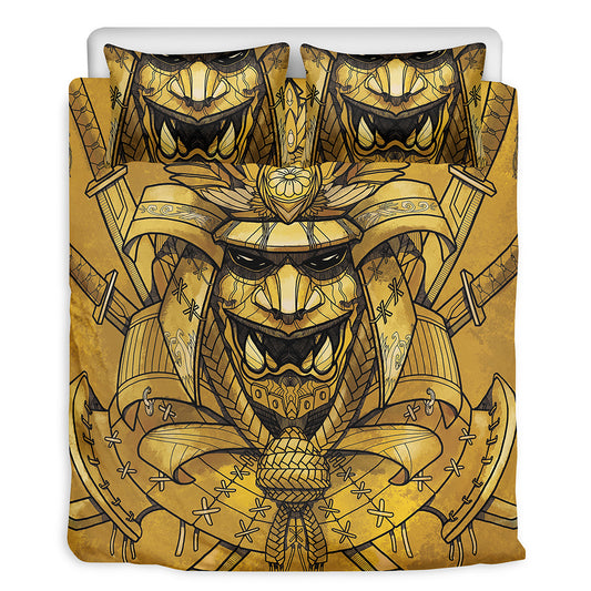 Gold Samurai Mask Print Duvet Cover Bedding Set