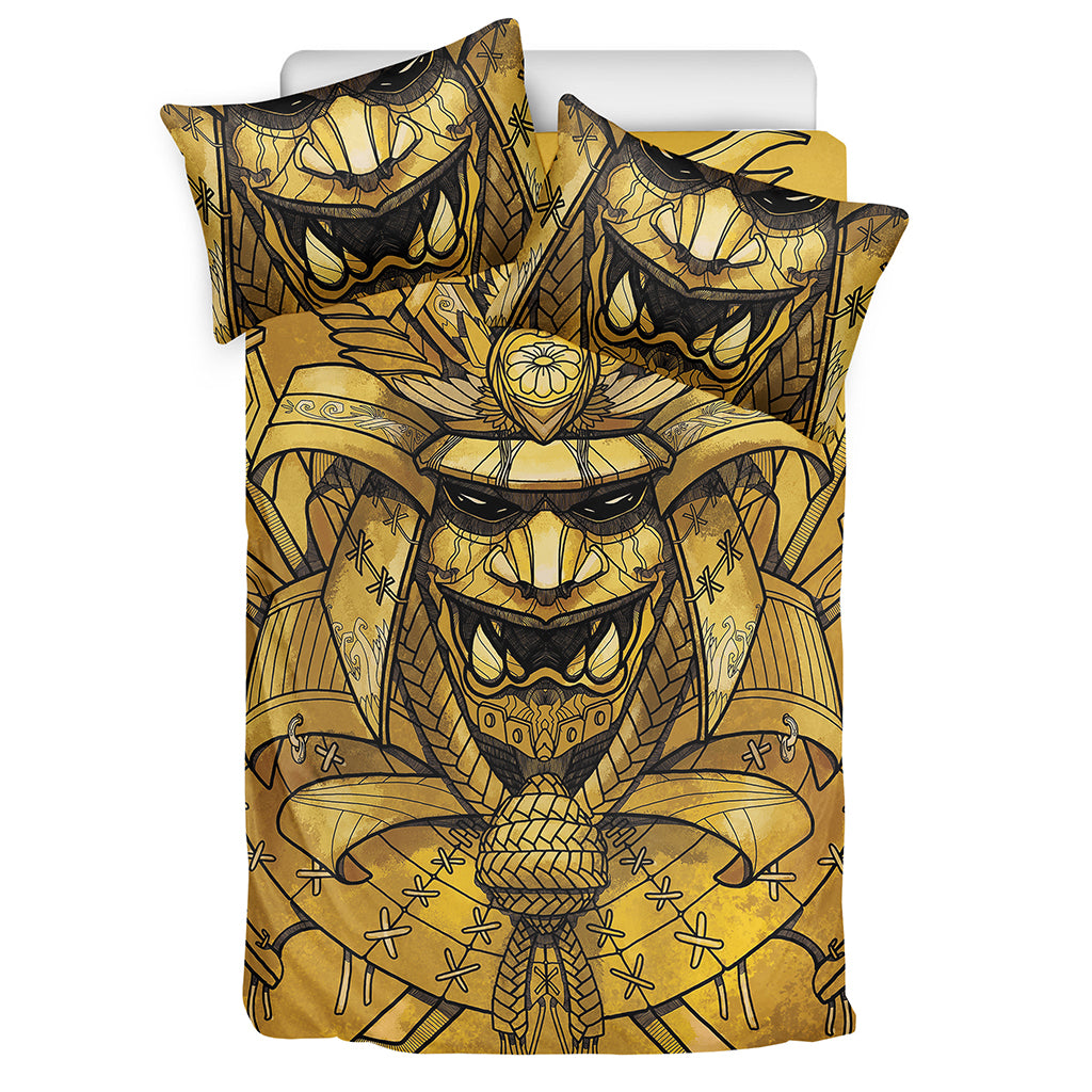 Gold Samurai Mask Print Duvet Cover Bedding Set