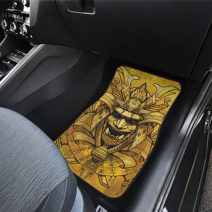 Gold Samurai Mask Print Front and Back Car Floor Mats