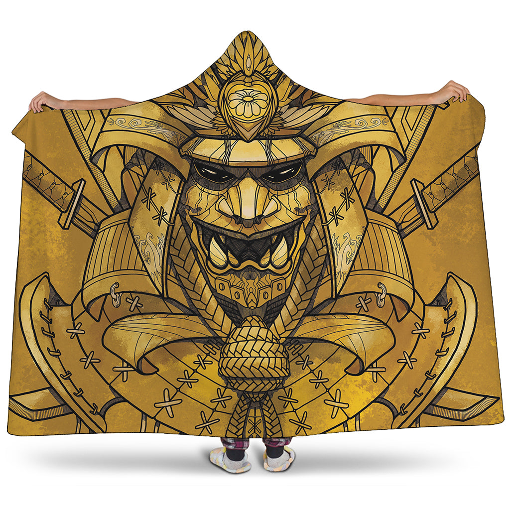 Gold Samurai Mask Print Hooded Blanket