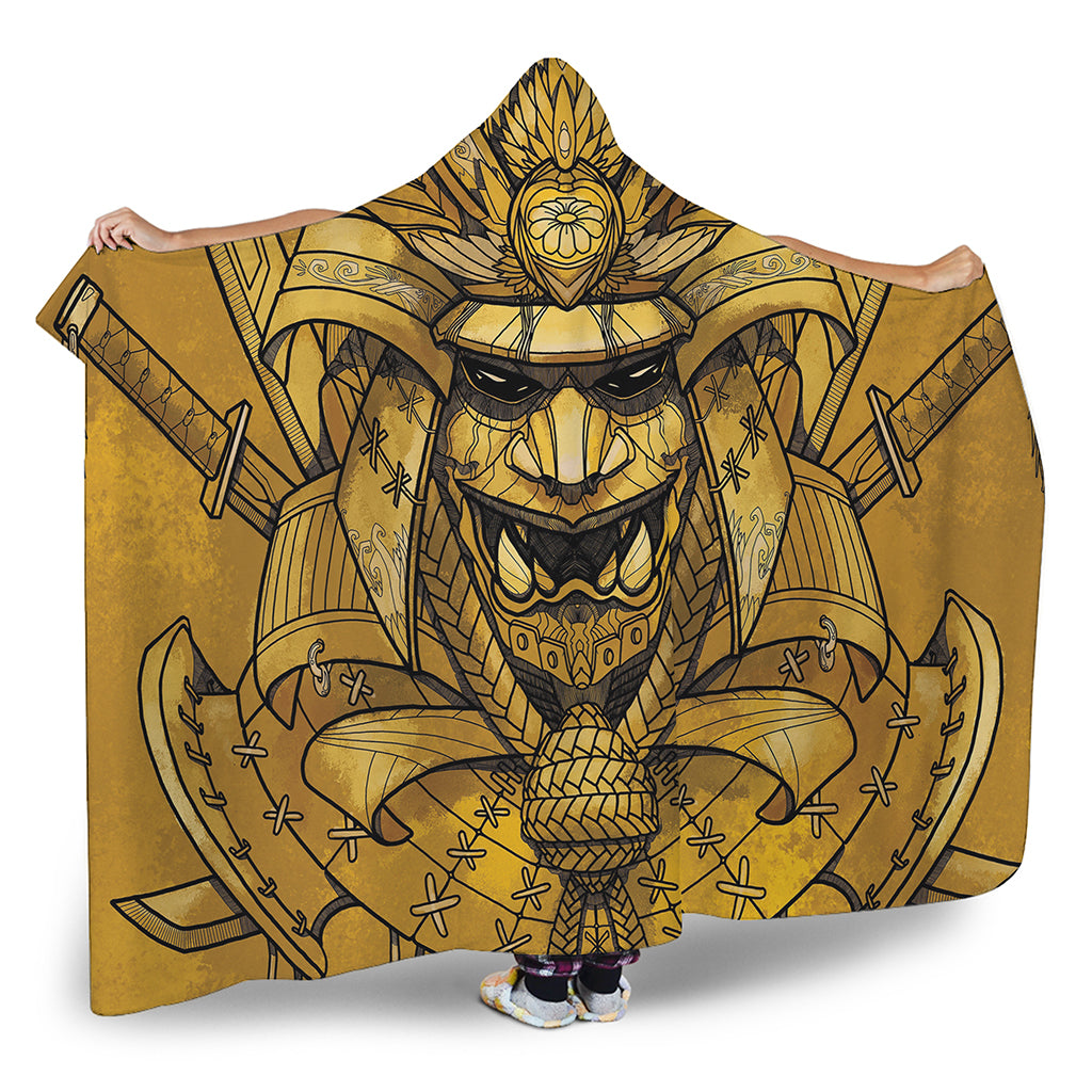 Gold Samurai Mask Print Hooded Blanket