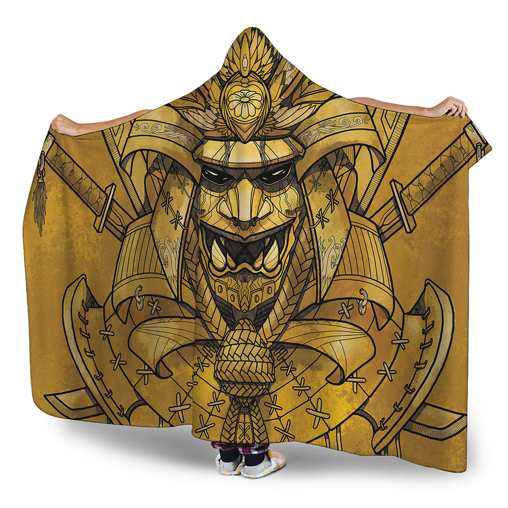 Gold Samurai Mask Print Hooded Blanket