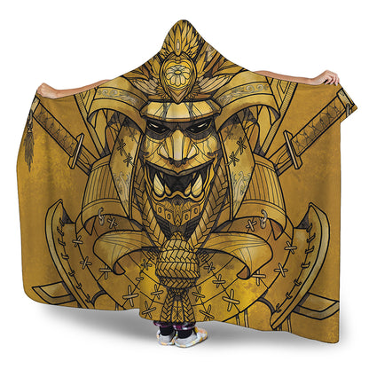 Gold Samurai Mask Print Hooded Blanket