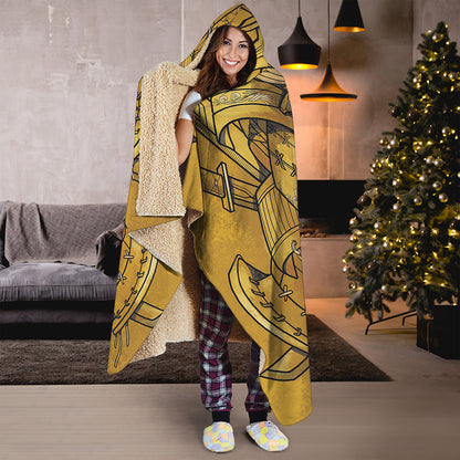 Gold Samurai Mask Print Hooded Blanket