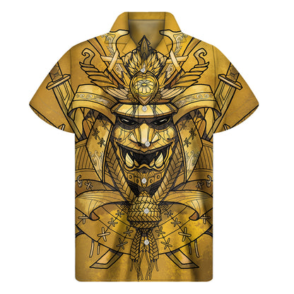 Gold Samurai Mask Print Men's Short Sleeve Shirt
