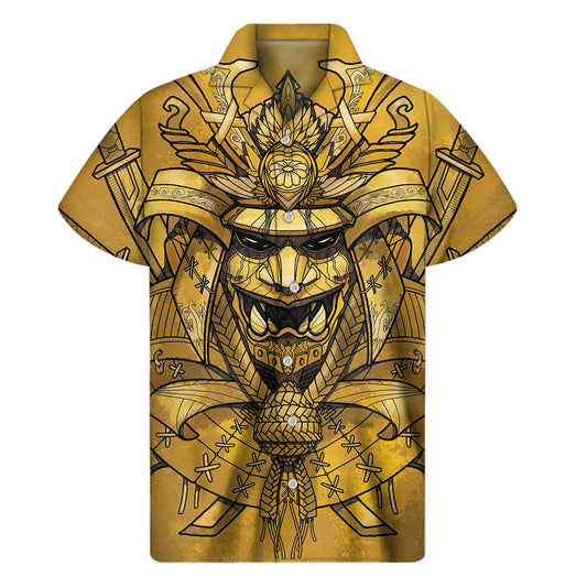 Gold Samurai Mask Print Men's Short Sleeve Shirt