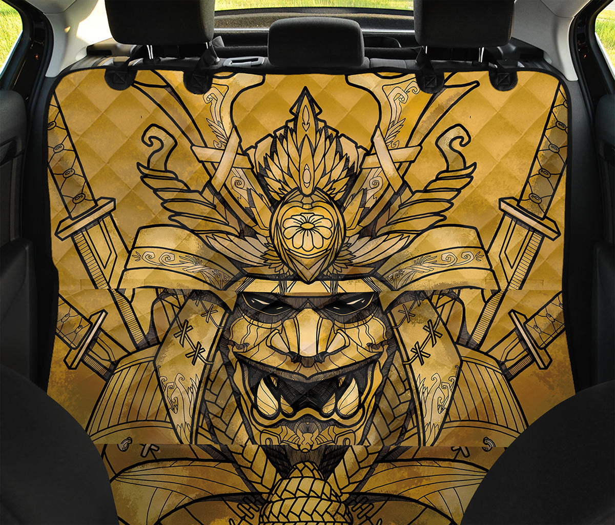 Gold Samurai Mask Print Pet Car Back Seat Cover