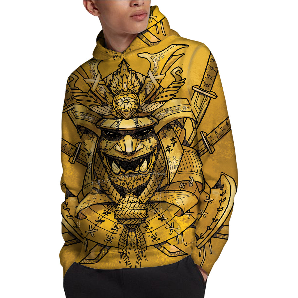Gold Samurai Mask Print Pullover Hoodie
