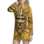 Gold Samurai Mask Print Pullover Hoodie Dress