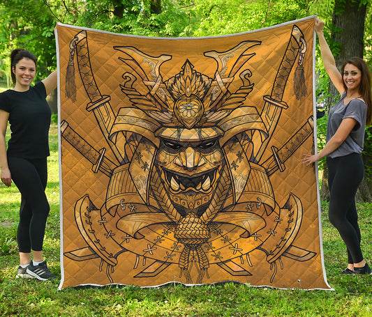 Gold Samurai Mask Print Quilt