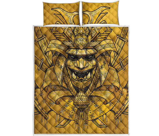 Gold Samurai Mask Print Quilt Bed Set
