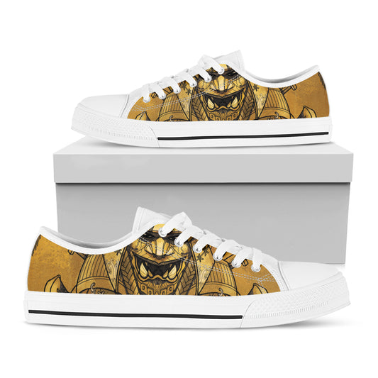 Gold Samurai Mask Print White Low Top Shoes