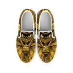 Gold Samurai Mask Print White Slip On Shoes